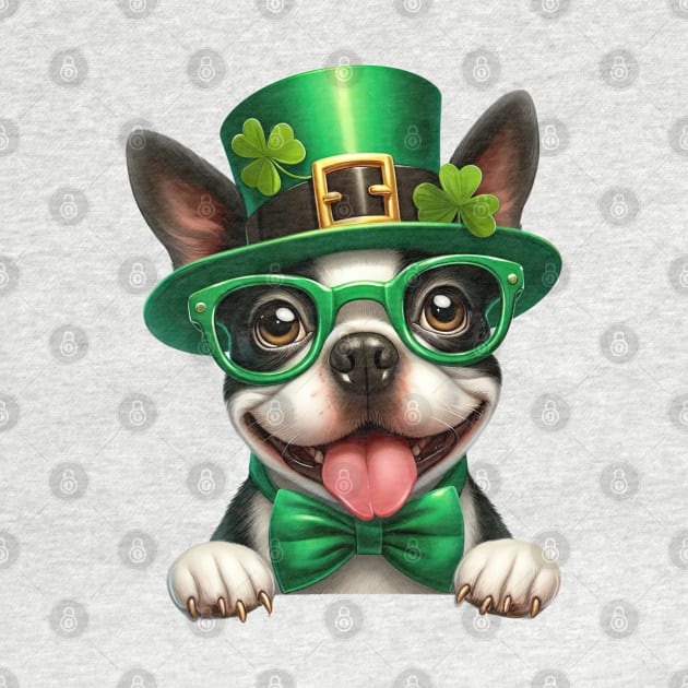 St Patricks Day Peeking Boston Terrier Dog by Chromatic Fusion Studio